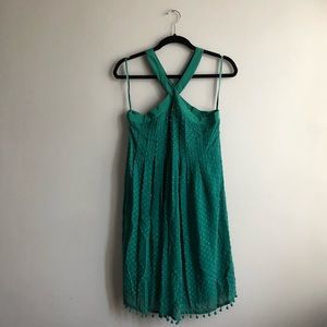 Rebecca Taylor Jade green halter dress pom poms